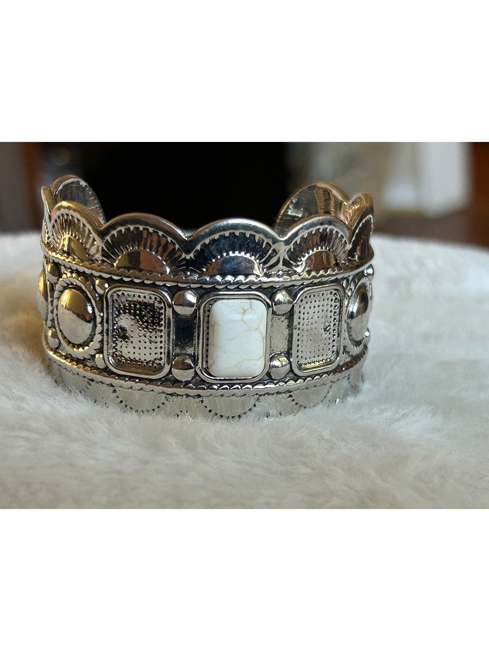 Vintage Silver Tone Cuff Bracelet with White Stone Accents